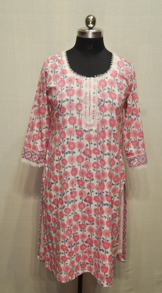 Lace Yoke White Kurta with Red Flowers 2